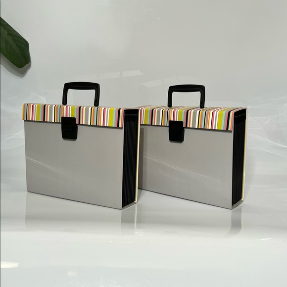 2 Expanding Accordion File Boxes with Latch and Handle Gray/ Muti color stripes - Picture 6 of 14